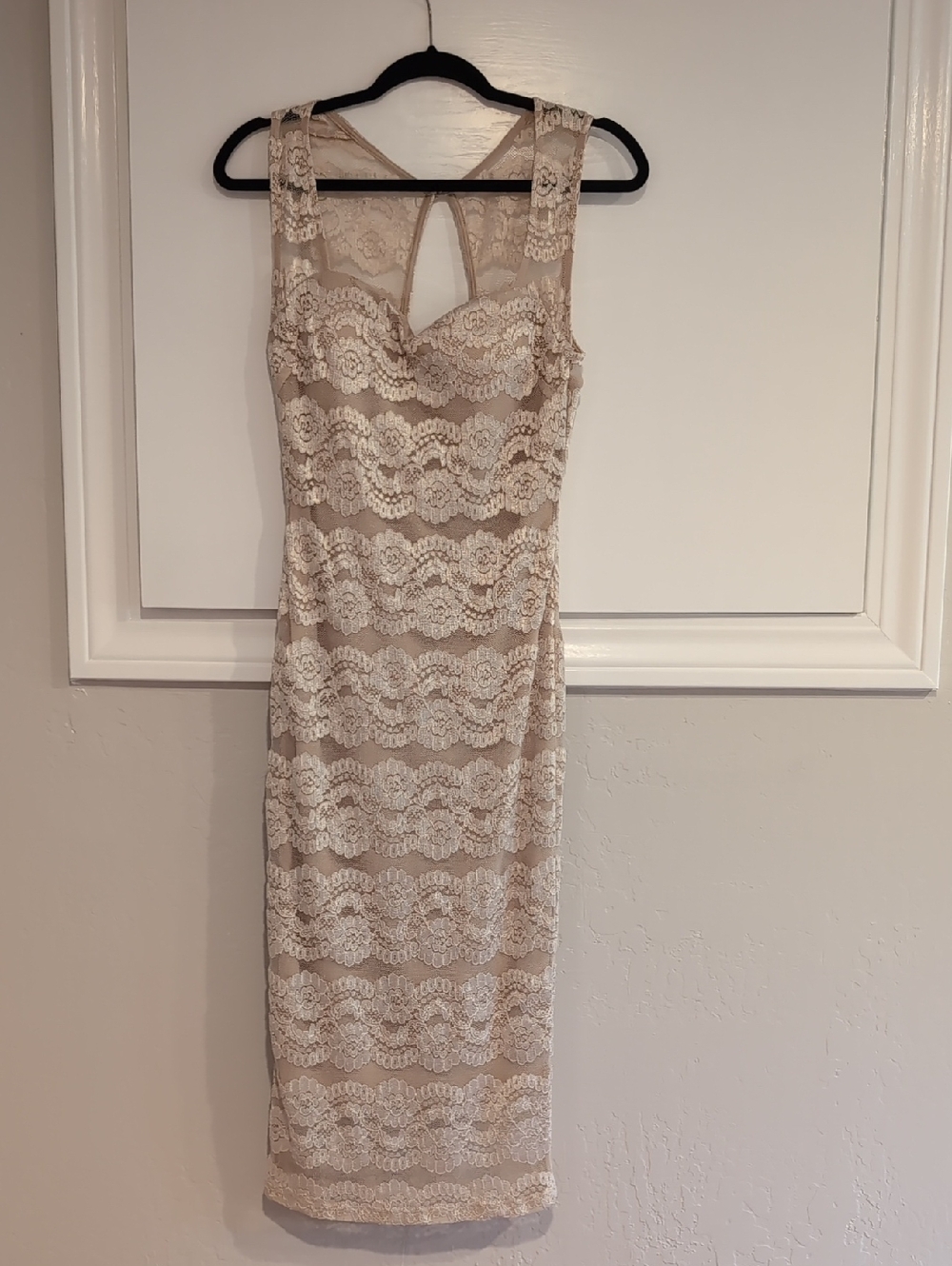Lovely Day Beige Lace Midi Dress with Keyhole Back, Large